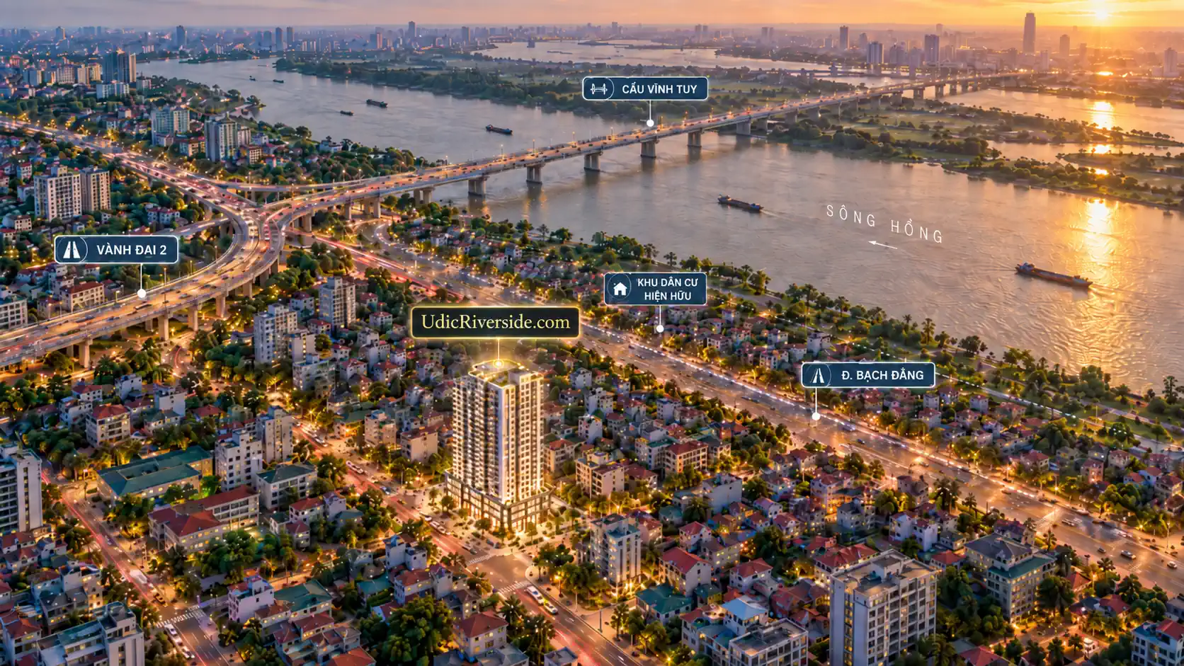 Toàn cảnh UDIC Riverside bên sông Hồng, ảnh minh họa bối cảnh khu ở và dịch vụ